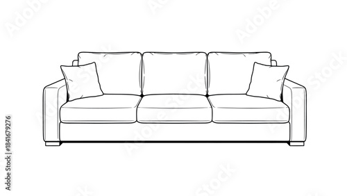 Modern sofa with cushions, living room furniture front view line art vector illustration