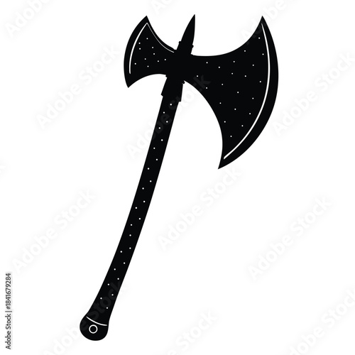 Old rusty metal axe with wooden handle isolated on white background