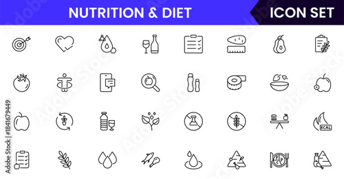 Nutrition and Diet, Healthy Food, and Detox Diet Vector Icons. Contains such Icons as Metabolism, Caunt Calories, Palm oil free, Zero trans fat, Probiotics, and more. Simple Outline icons collection.