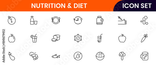 Nutrition and Diet, Healthy Food, and Detox Diet Vector Icons. Contains such Icons as Metabolism, Caunt Calories, Palm oil free, Zero trans fat, Probiotics, and more. Simple Outline icons collection.