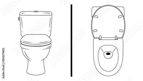 Toilet front and top view, bathroom fixture line art drawing