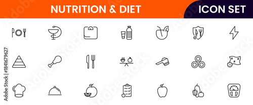 Nutrition and Diet, Healthy Food, and Detox Diet Vector Icons. Contains such Icons as Metabolism, Caunt Calories, Palm oil free, Zero trans fat, Probiotics, and more. Simple Outline icons collection.