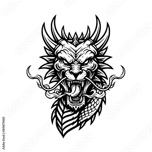 Fierce Dragon Head Line Art. Black and White Vector Icon for Logo, Fantasy Mascot, Mythology, Detailed Scales, Strength Symbol, or Simple Medieval Design Generative AI