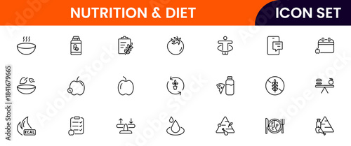Nutrition and Diet, Healthy Food, and Detox Diet Vector Icons. Contains such Icons as Metabolism, Caunt Calories, Palm oil free, Zero trans fat, Probiotics, and more. Simple Outline icons collection.