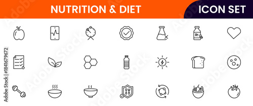 Nutrition and Diet, Healthy Food, and Detox Diet Vector Icons. Contains such Icons as Metabolism, Caunt Calories, Palm oil free, Zero trans fat, Probiotics, and more. Simple Outline icons collection.
