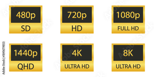 Video Resolution Icons Set. Display Quality And Screen Resolution Gold Symbol Collection. Multimedia And Technology Use. Isolated Vector Illustration