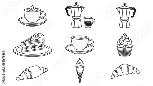 Cafe and bakery line art grid with coffee cups, moka pots, cake slice, cupcake and croissants