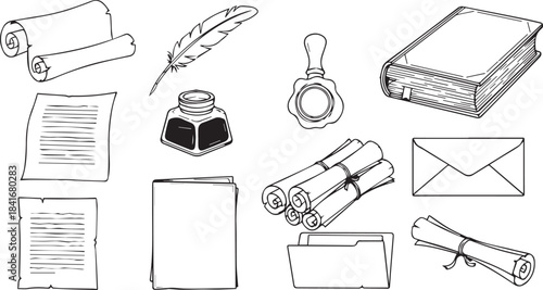 Vector set illustration of office tool icons and equipment symbols drawing