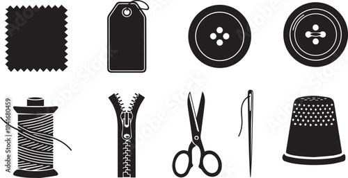 Black vector icons set of sewing tools and accessories equipment design