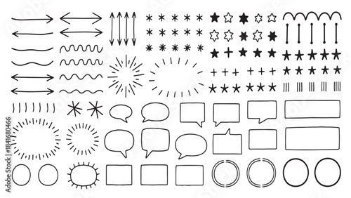 Hand-drawn doodle elements set with arrows, bubbles, frames, starbursts and sketch symbols 
