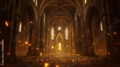 Wallpaper Mural Mysterious Gothic Cathedral Interior with Flickering Torches and Magical Glow. Torontodigital.ca