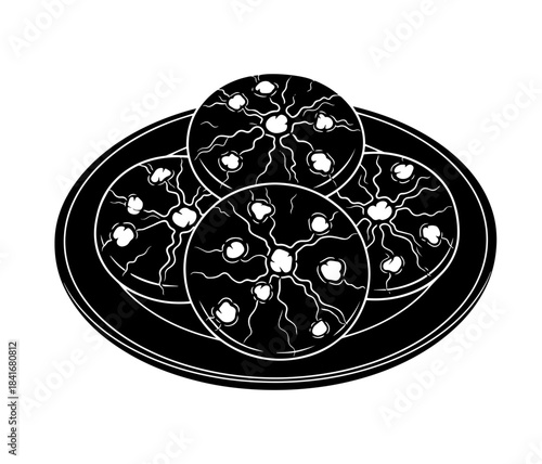 A striking monochrome illustration showcases four dark, round cookies patterned with white cracked centers and radiating wavy lines, arranged in a small pile on a glossy, black oval serving platter