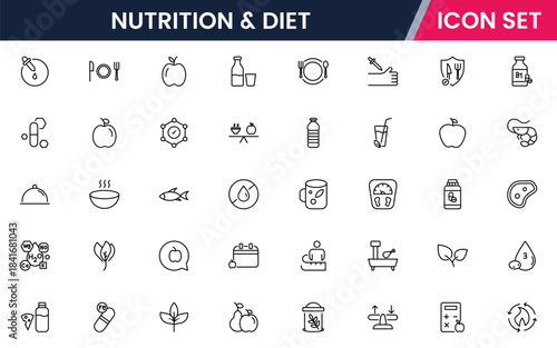Nutrition and Diet, Healthy Food, and Detox Diet Vector Icons. Contains such Icons as Metabolism, Caunt Calories, Palm oil free, Zero trans fat, Probiotics, and more. Simple Outline icons collection.