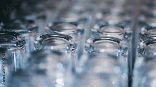 Close-up of washed glassware arranged in rows with a shallow depth of field in dishwasher