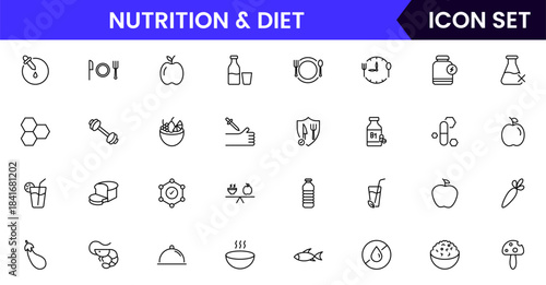 Nutrition and Diet, Healthy Food, and Detox Diet Vector Icons. Contains such Icons as Metabolism, Caunt Calories, Palm oil free, Zero trans fat, Probiotics, and more. Simple Outline icons collection.