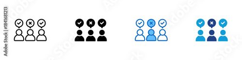 User Feedback Multiple Style Icon Design Vector - Three users with check and cross marks above them, representing evaluation, approval status, or user selection