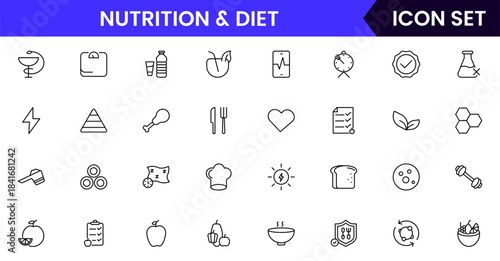 Nutrition and Diet, Healthy Food, and Detox Diet Vector Icons. Contains such Icons as Metabolism, Caunt Calories, Palm oil free, Zero trans fat, Probiotics, and more. Simple Outline icons collection.