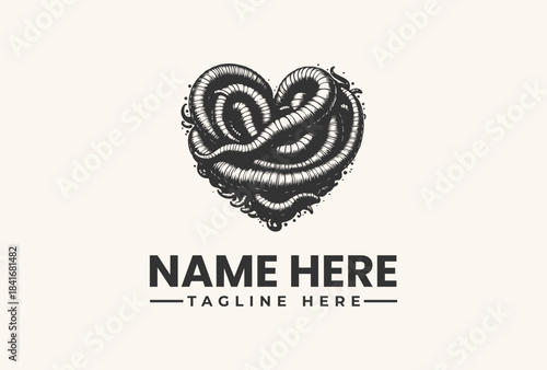 Black vector heart logo illustration with swirling patterns and sample text on a beige background, with a placeholder for a business name and tagline.
