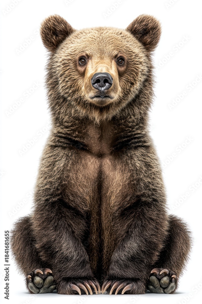 Fototapeta premium Brown bear cub sitting upright, isolated on white, looking forward