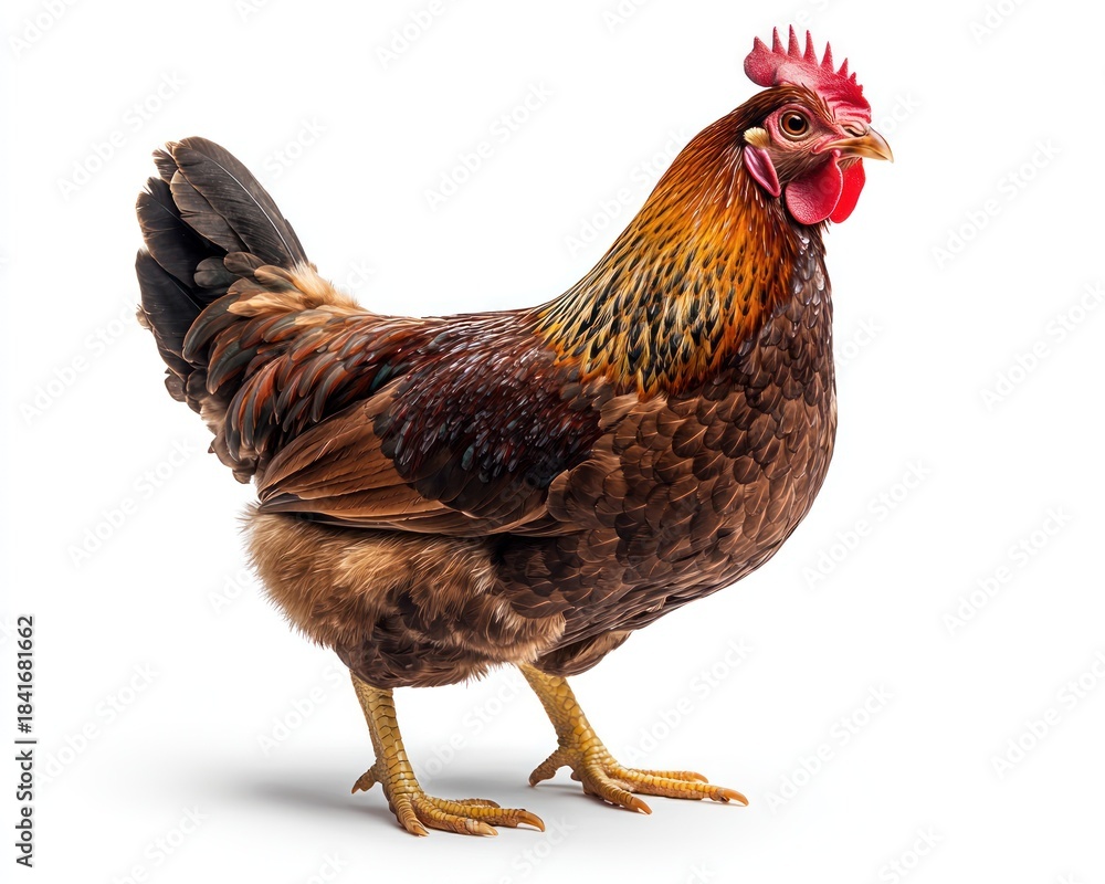 Fototapeta premium Brown chicken stands on white. Detailed feathers, wattle, comb, eye visible