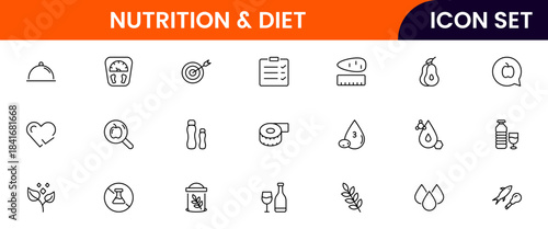 Nutrition and Diet, Healthy Food, and Detox Diet Vector Icons. Contains such Icons as Metabolism, Caunt Calories, Palm oil free, Zero trans fat, Probiotics, and more. Simple Outline icons collection.