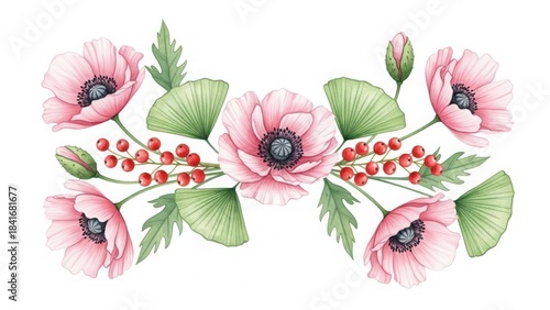 Watercolor pink poppies, red berries, green foliage border art.