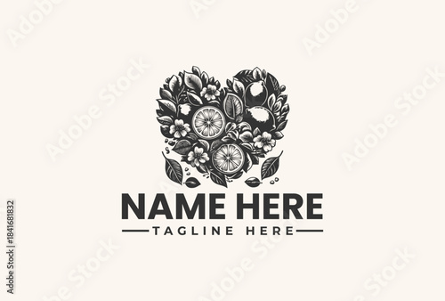 Black and white illustration of a floral heart logo with leaves and flowers, accompanied by placeholder text on a clean background.
