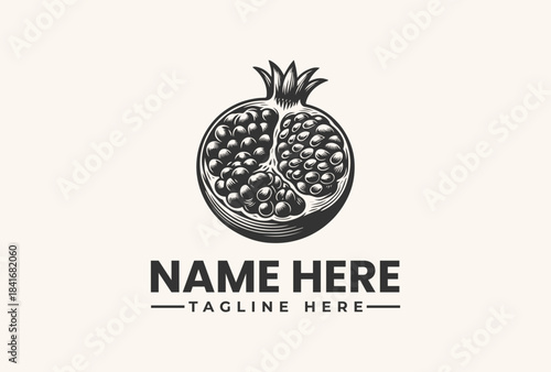 Black and white illustration of a pomegranate logo with a cut-open design on a beige background, featuring placeholder text for a name and tagline.