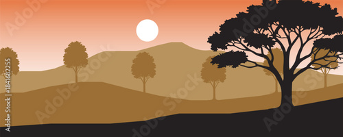 A landscape with trees silhouette on an orange background with a moon. The image creates a peaceful and serene scene.