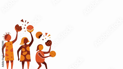 Stylized illustration depicts tribal food gathering, primitive figures holding fragmented edibles. Ancient people celebrate harvest, collaborative tribal food gathering, sharing nourishment.