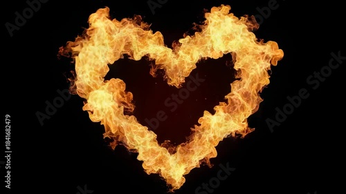 Heart made of burning fire flames on black background, passion and energy symbol