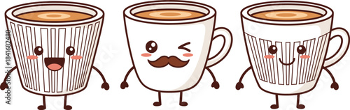 Adorable kawaii coffee cup characters with cute faces and playful expressions, perfect for cafe branding, stickers, merchandise, and cartoon artwork