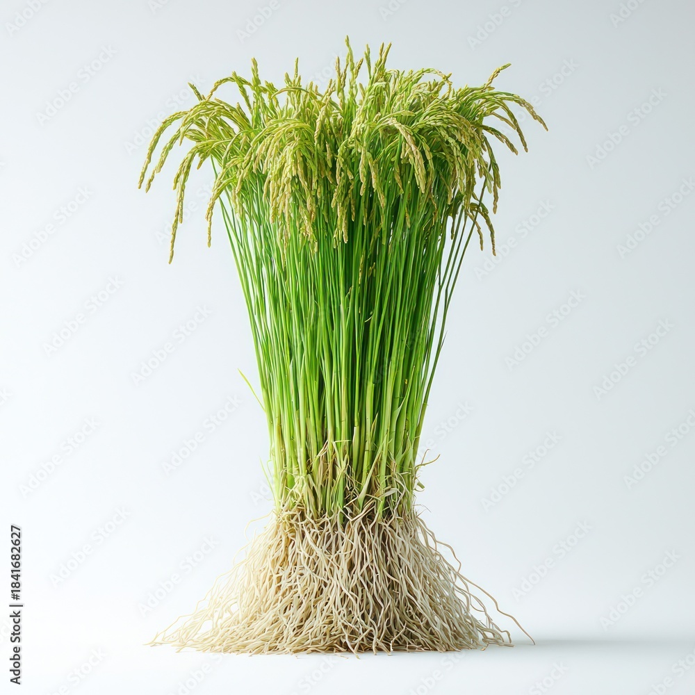 Fototapeta premium Clump of green rice plants with grain heads and roots against white background
