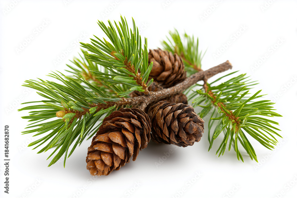 Fototapeta premium Fresh Pine Tree Branches with Pinecones Evergreen Needles Winter Decoration