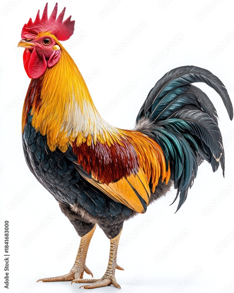 Fototapeta premium Colorful rooster stands alert, with vibrant feathers and red comb, isolated