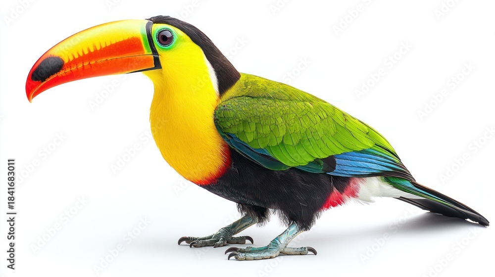 Fototapeta premium Colorful toucan with bright beak, plumage, black body, isolated on white background