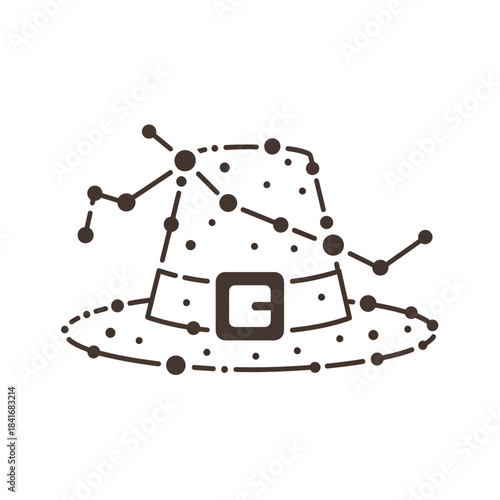 Stylized Witch Hat Illustration with Constellation Dot Pattern on White Background