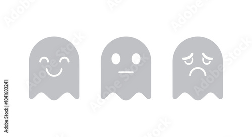 Three expressive gray ghosts conveying happy, neutral, and sad moods isolated on a white background