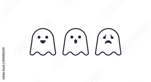 Three minimalistic ghost icons showcasing different emotions for halloween designs