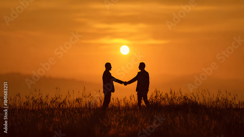 Sunset Deal: A silhouette captures a moment of agreement and trust as two individuals shake hands in the tranquil glow of a breathtaking sunset.