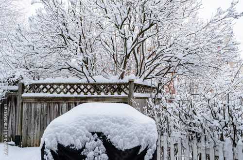 Heavy snowfall covering bare tree branches, wooden fencing, and a covered barbecue with a on a winter day.