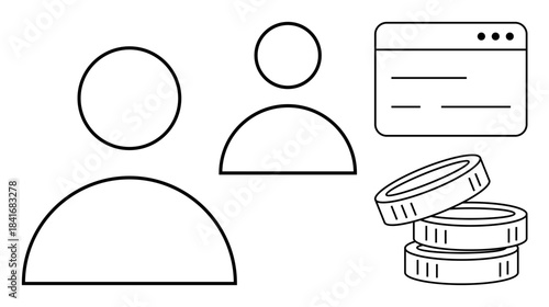 Online finance, money transactions, cryptocurrency exchange, user identity, digital wallets, web services. Minimalist icons of user profile, coins and browser window. Online finance and money