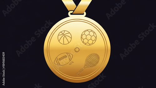 Golden Medal of Sporting Excellence: A prestigious gold medal, etched with symbols representing various sports, gleams against a dark background.