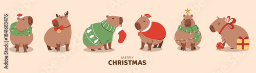 Merry Christmas And Happy New Year Capybara cartoon character. Set of cute capybara with santa hat, wreath, ornament, bauble, gift, Christmas costume. Happy holiday Adorable animal wild illustration. 