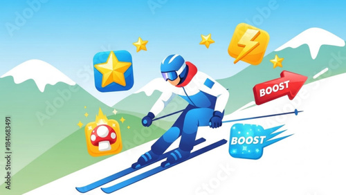 Digital downhill: A dynamic digital illustration of a skier gracefully descending a snowy slope. Enhanced with gaming UI elements.