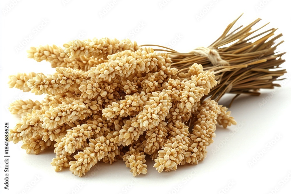 Fototapeta premium Dried grain bundle tied with twine, light beige color, resting on white surface