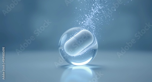 Conceptual 3D rendering and abstract visualization of a dissolution test. A single, clean geometric capsule or pill is encapsulated within a clear