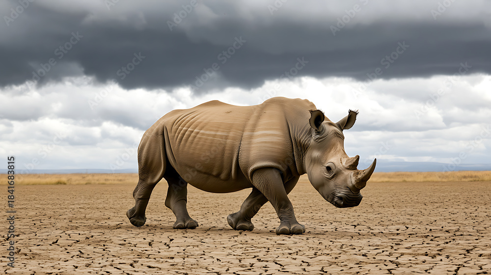 Fototapeta premium A lone rhinoceros strides across the cracked earth, under a sky heavy with storm clouds, showcasing its resilience against an arid landscape. Powerful and majestic.