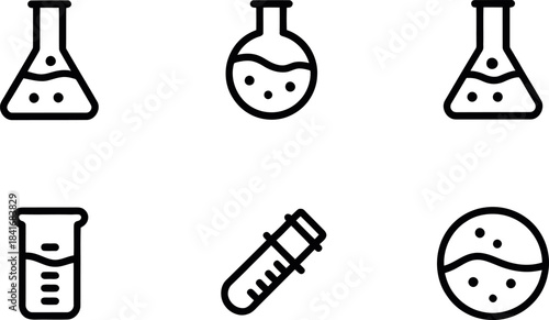Laboratory Equipment Icons with Beakers and Test Tubes on White Background
