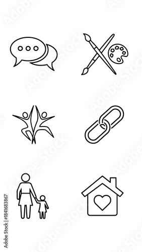 Communication connection creativity family care unity abstract icon set collection outline design element concept for website mobile app and social media interfaces simple vector illustration